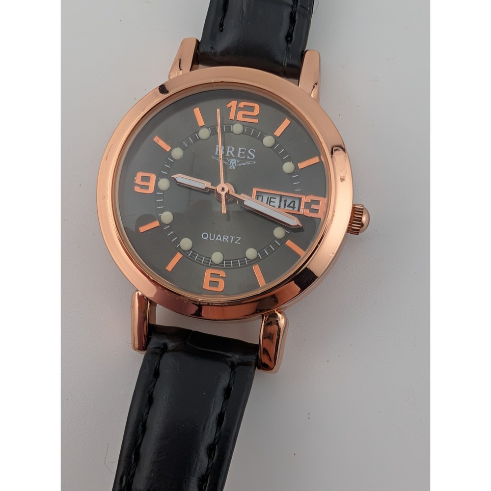 Bres Watch Women 28mm Rose Gold Case Black Leather‎ Band- New Battery